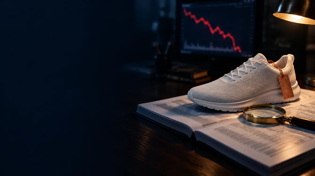 Ein Laufschuh als Beweisstück auf einem aufgeschlagenen Geschäftsbericht, dahinter ein Monitor mit fallendem Kurs