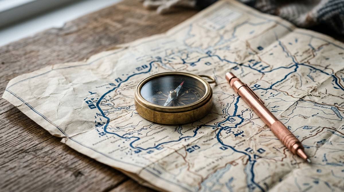 Eine Landkarte mit Messingkompass und Kupferstift