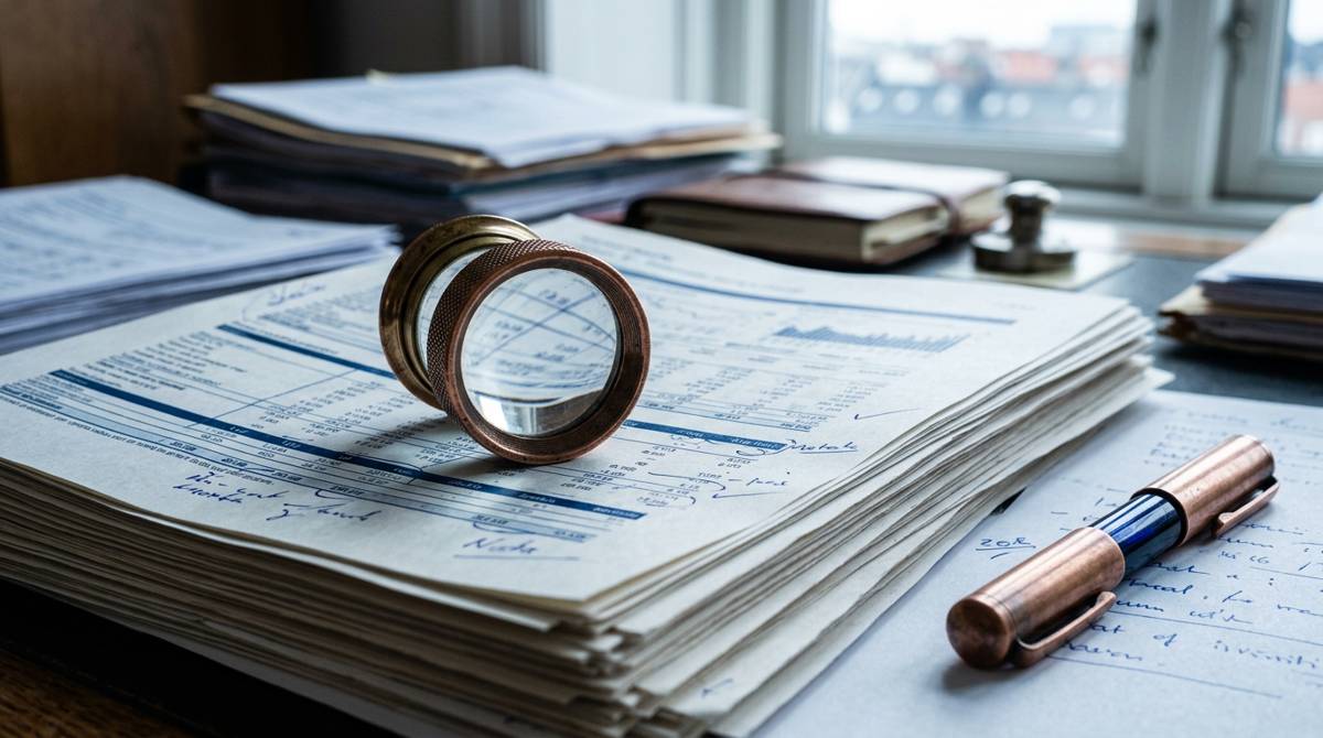Juwelierlupe auf Finanzdokumenten