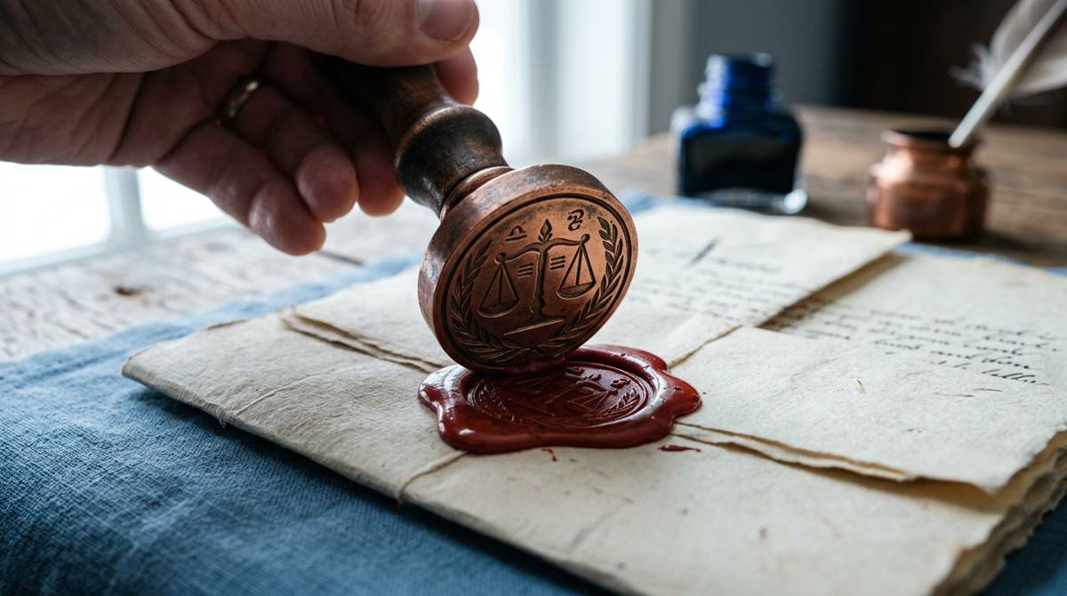 Ein Siegelstempel wird in rotes Wachs gedrückt